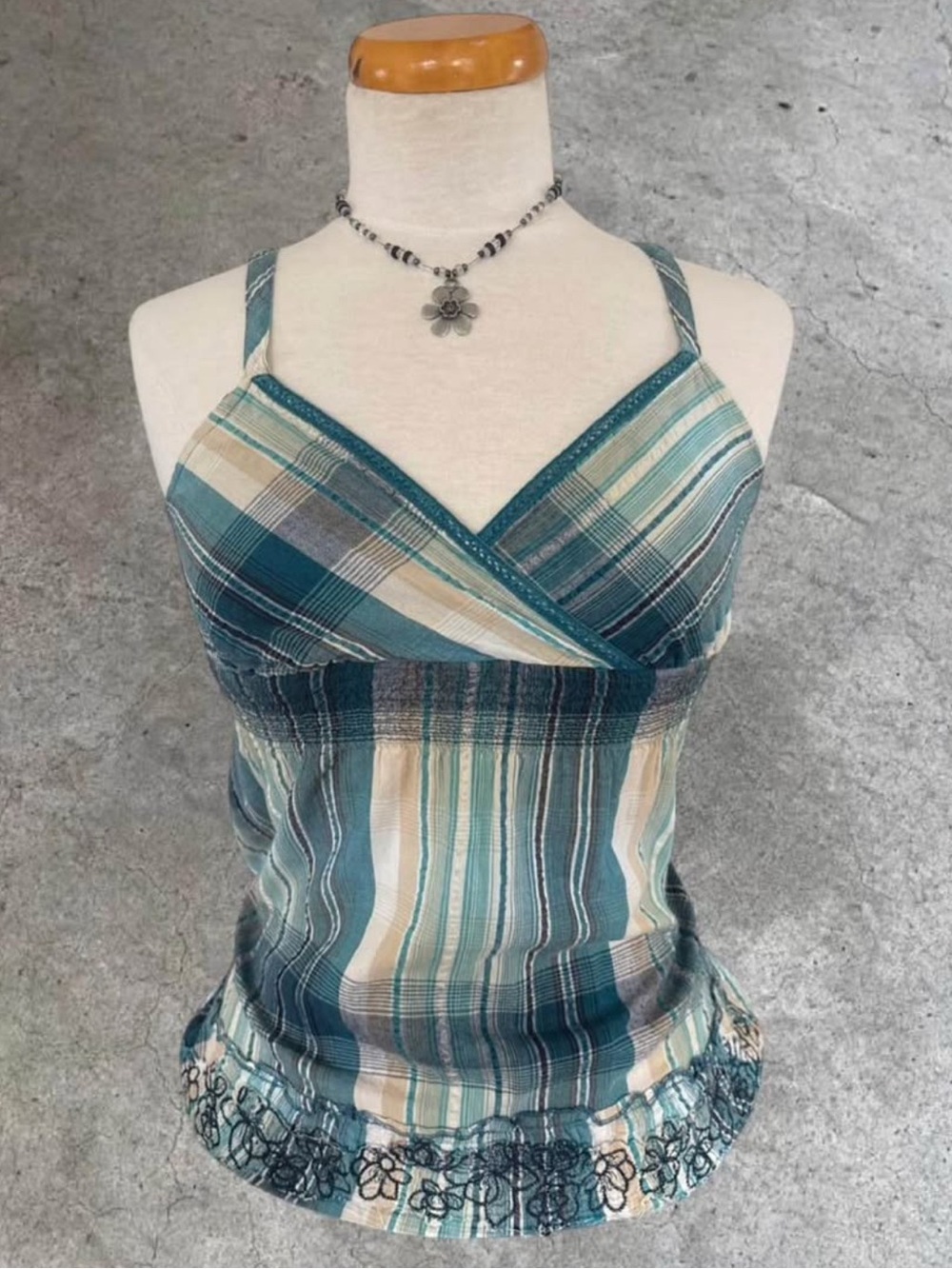 Decree Teal and Cream Plaid Wrap-Front Cami